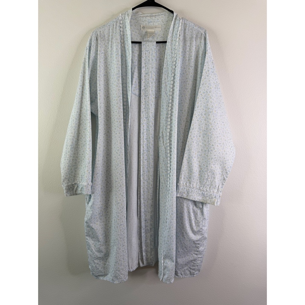 Eileen West Blue Floral Cotton Robe Medium Daisy Print Lace Trim Pockets Wrap - Picture 2 of 13